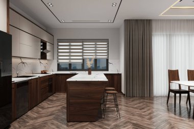 Ahşap, metal ve betondan yapılmış harmanlanmış bir mutfak..