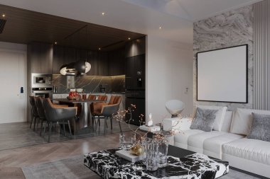 Oturma odası, büyük bir kanepe ve arka planda yemek alanına giden beyaz bir çerçeve.