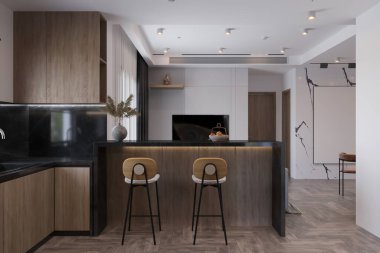 A professional minimalist kitchen with kitchenware