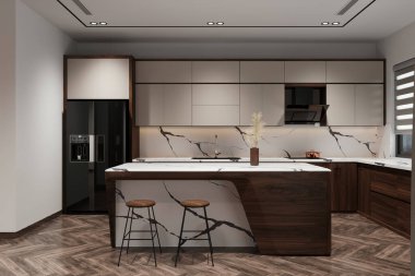 Modern tasarımcı mutfağının ön görüntüsü.