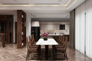 Modern bir yemek odasının İskandinav tarzı iç tasarımı..