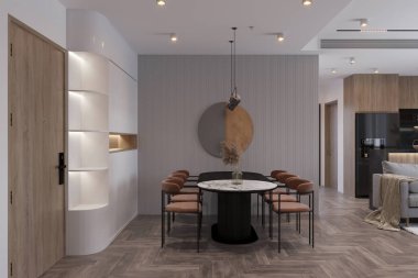 Temiz çizgileri ve tek renkli renk şeması olan minimalist yemek alanı