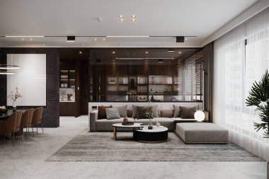 Çağdaş bir oturma odasının 3 boyutlu yansıması. Güneş ışığı uzaya akıyor..