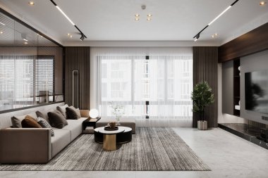 Modern Oturma Odası. Geniş Pencereli. Moda Mobilyalı.