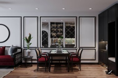 Zarif, renkli mobilyalar ve minimalist dekor aksanlı sofistike bir yemek odası hayal edin..