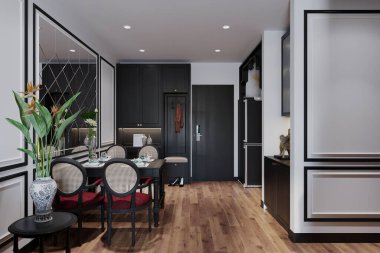 Sofistike, modern bir daire hayal edin. Yemek alanı ve renkli bir yaşam alanı olsun.