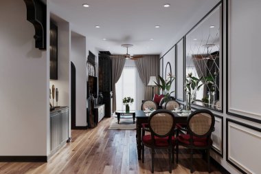 Sofistike bir modern oturma odası hayal edin. Yemek odası, koyu ahşap zemin ve dekorasyon.