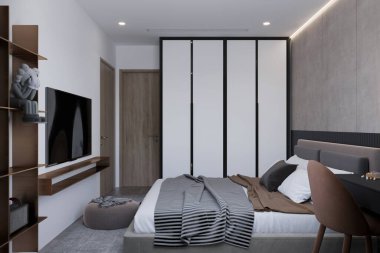 Geniş minimalist bir yatak odasında bir yatak ve modern gardırop bulunur.