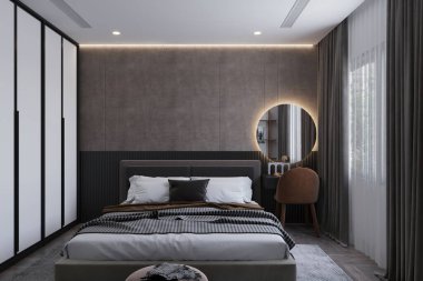 Ferah bir minimalist yatak odası tek renkli siyah bir yatak odası ve pelüş, yorgan kaplı bir yatak başlığı..