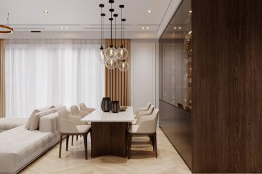 Zarif bir avizeyle süslenmiş şık bir yemek odası. Modern aile için büyük bir masa.