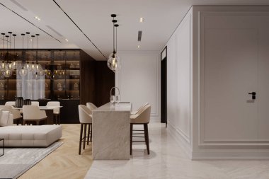Temiz ve parlak bir iç tasarım modern, lüks bir yaşam alanı mutfak alanı, yemek alanı ve yaşam alanı..
