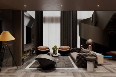 Modern oturma odasının temiz ve parlak iç tasarımı koyu renkli mobilyaları ve parlak bir tasarımı var..