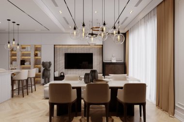 Minimalist Marvel Modern Daire İç Tasarım Bir Yemek Odası, Oturma Odası