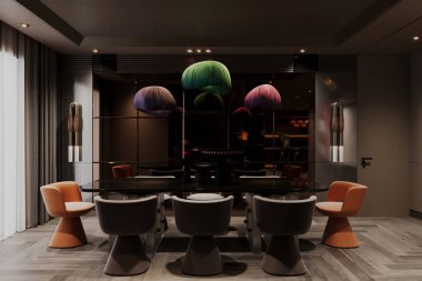 Endüstriyel Aydınlatma ve Kahverengi Deri Sandalyeli Modern Karanlık Ev