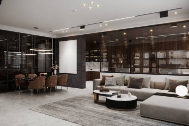 Şık, Minimalist Tasarımlı ve yemek alanına kadar uzanan Temiz Çizgilerle dolu Oturma Odası