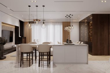 Modern ev, paslanmaz çelik aletlerin mermer tezgahlarla kusursuz bir şekilde harmanlandığı yer.