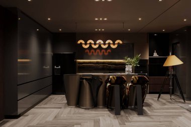 Modern İç Tasarımcı Mutfağı koyu renkli ve eşsiz mobilyalarıyla