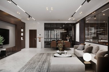 Dairenin modern tasarımı, oturma odası yemek masalı yemek odasına açılan kanepe.