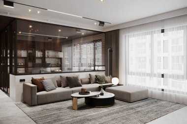 Şık İskandinav Parlak ve güneşli oturma odası L şeklinde kanepe, mobilya ve diğer şeyler tasarlanmış.