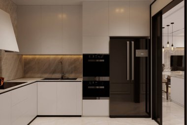 Siyah ve bej renkli zarif modern mutfak, minimalist tasarım ve çağdaş aletler.