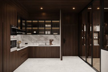 Modern mutfak cam dolaplar ve dekoratif ampuller ile iç