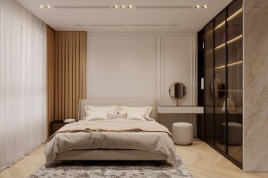 Minimalist Bej Yatak Odası İç Tasarım Yatak, Komodin ve Perdelerle Basit Zarafet