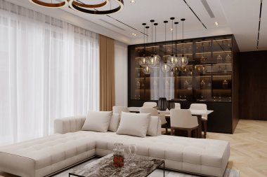 Temiz çizgiler, nötr renkler ve minimalist tasarım modern apartman alanını tanımlar.