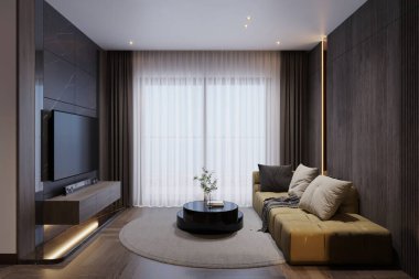 Açık bir oturma odası bir çatı katında ve parlak mobilyalar.