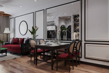 Modern klasik şehir merkezinde yemek odası, kırmızı kanepe, siyah ahşap yemek masası ve sandalyeler..