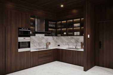 Mutfak için modern iç tasarım. Beyaz mermer zemine giden ahşap dolap.