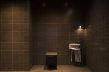 Kahverengi ve Karanlık Modern Tuvaletin Çağdaş İç Tasarımı.