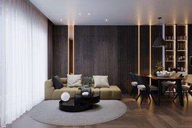 Çağdaş oturma odası. Açık alan. Nane desenli kanepe ve modern dekor.