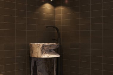Çağdaş modern banyo tasarımı eşsiz, mermer bir lavabo ve koyu renkli fayans duvarı var..