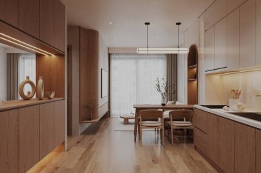 Mutfak içi. Mutfak adası ve ahşap zemini olan lüks bir ev.,