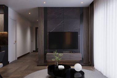 Modern ve minimal oturma odası iç tasarımı, TV duvar tasarımı, çağdaş iç tasarım