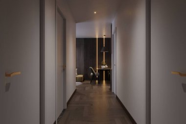 Modern apartman binasının 3 boyutlu güzel koridorları.