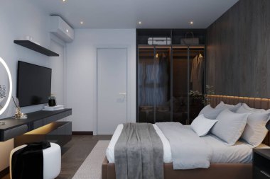 Modern evdeki televizyonlu güzel, modern yatak odası süiti.