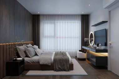 Çift kişilik yatak odası ve pencereleri süsleyen zarif gri perdelerin olduğu minimal bir tasarım..