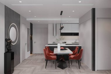 Modern bir minimalist yemek salonunun geniş açılı fotoğrafı. Parlak bir yemek masası var.