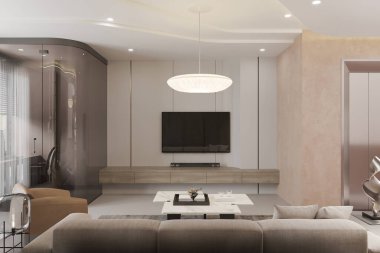 Estetik beyaz renk temalı ev dekorasyonu oturma odası kabin TV alanı iç mimari tasarımı