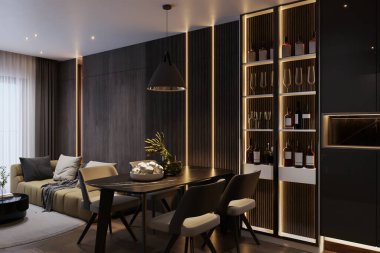 Doğal ışığın mutfağa aktığı rahat bir yemek odası.