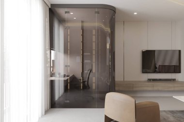 Minimalist oturma odasının iç tasarımı, mobilyalar modern bir tasarıma sahip, bir koltuğu var.