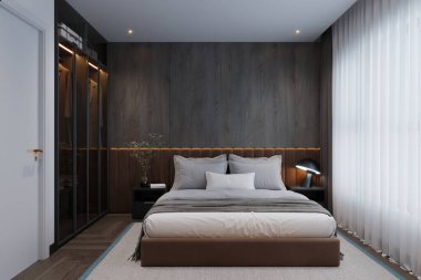 Minimalist Yatak Odası Tasarımı Kara Duvarlar, Konforlu Yatak ve Sıcak Ortam Işıklandırması