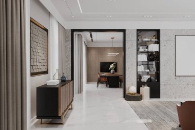 Modern, beyaz temalı giriş, şık bir girişi olan oturma odasına açılıyor..