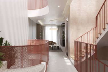 Modern ve zarif bir iç mekan, merdiveni ve modern tasarımı var..