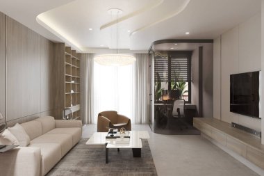 Kabine TV 'nin iç mimari tasarımı ile modern TV salonunun iç tasarımı