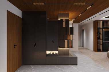 Karanlık Dolaplı Çağdaş Giriş, Mermer Döşeme ve Modern Bölme Tasarımı