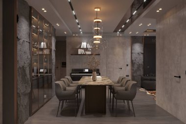 Çevre Işıklı ve Piyano Köşeli Zarif Modern Yemek Odası