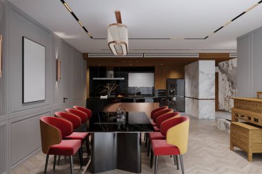 Kırmızı Kadife Sandalyeli Modern Yemek Odası, Kara Mermer Masa ve Açık Konsept Mutfak