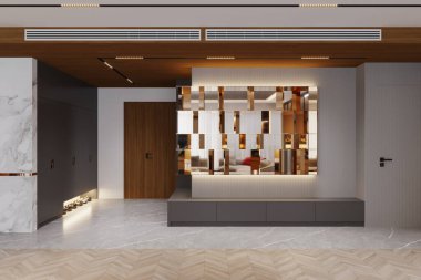 Soyut Duvar Sanatı ve Mermer Döşemeli Modern Giriş